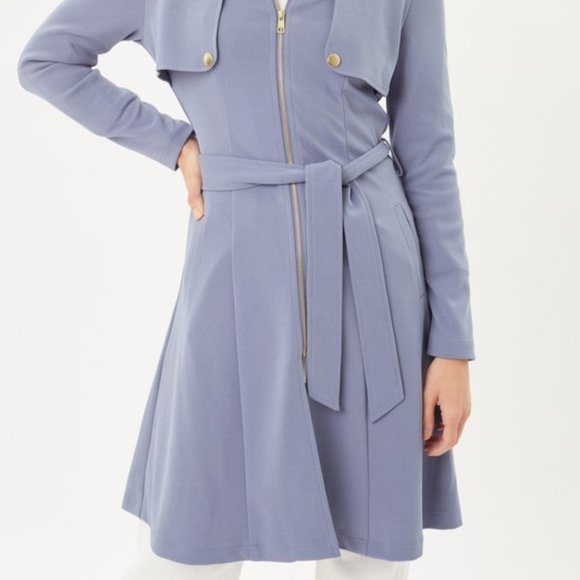 Zip Up Long Line Trench Coat Jacket, with Waist Belt, Blue - Picture 3 of 12